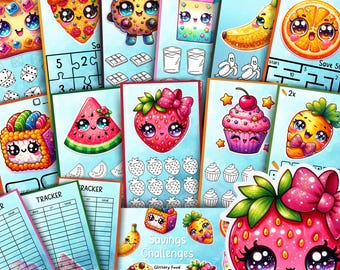 Glittery Kawaii Food Savings Challenge Printable A6 Budget Game Cute Cash Envelope Tracker PDF Instant Download Money Saving Planner