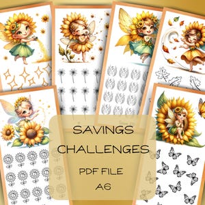 May include: A set of printable savings challenge cards featuring illustrations of fairies with sunflowers, dandelions, butterflies, and maple leaves. The cards are designed to help you save money and reach your financial goals. The text on the cards reads "Save 100", "Savings Challenges", "PDF File", and "A6".