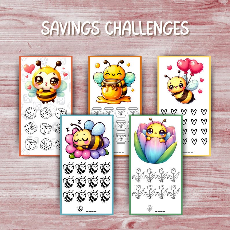 May include: Five colorful savings challenge cards featuring cute cartoon bees. Each card has a different design, including dice, honey pots, hearts, sleeping bees on flowers, and bees in a flower. The text "SAVINGS CHALLENGES" is at the top.