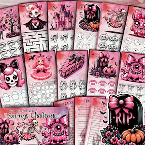 Puede incluir: Una colección de imprimibles rosas y negros con temática de Halloween. Los diseños incluyen una casa embrujada, un ataúd, una lápida y varios personajes espeluznantes. El texto "Pink Supernatural Savings Challenge" es visible.