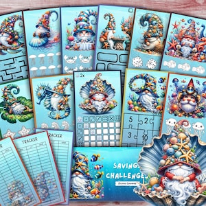 May include: A set of printable ocean-themed games featuring gnomes. The games include a maze, a counting game, a puzzle, and a tracker. The games are designed for children and feature colorful illustrations of gnomes, seahorses, and jellyfish.
