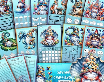 A6 Ocean Gnomes Savings Challenge Bundle Printable Budget Game Cash Envelope Tracker Summer Fun PDF Instant Download Cute Finance Kit