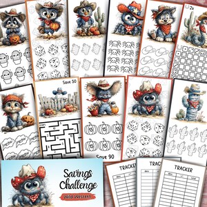Könnte beinhalten: Eine Sammlung von Wild-West-Spar-Challenge-Trackern mit Illustrationen von Tieren in Cowboyhüten und Bandanas, darunter Waschbären, Eulen, Spinnen, Katzen und Mäuse, ergänzt durch spielerische Elemente wie Labyrinthe, Würfel und Kakteen.