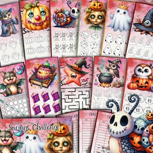 Op de afbeelding: Een verzameling kleurrijke Halloween-thema printbare pagina's. De ontwerpen omvatten pompoenen, geesten, vleermuizen en andere spookachtige personages. Sommige pagina's bevatten doolhoven, dobbelstenen en spaaruitdagingen. De tekst "Super Spooky Savings Challenge" is zichtbaar.