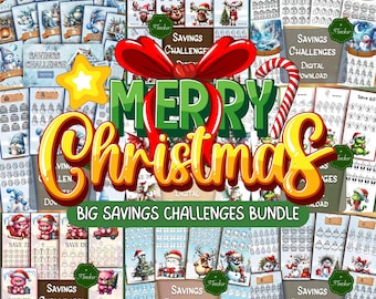 May include: A festive bundle of digital savings challenges with a Christmas theme. The image features various designs with holiday illustrations, including snowmen, reindeer, and Christmas trees. The words "Merry Christmas" are prominently displayed, along with "Big Savings Challenges Bundle."
