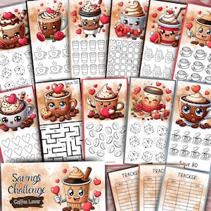 May include: A collection of illustrated coffee-themed savings trackers and bookmarks. The designs feature cute coffee cups, hearts, dice, and mazes. The phrase "Savings Challenge Coffee Lover" is visible on one of the trackers.