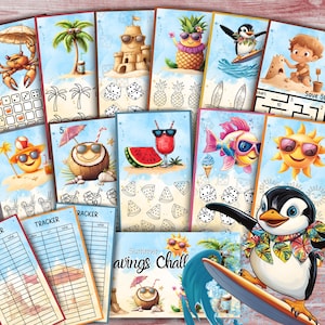 Può includere: Un set colorato di schede di attività a tema estivo per bambini stampabili. Le schede presentano illustrazioni di un pinguino, un pesce, una noce di cocco, un'anguria, un ananas, un sole e un castello di sabbia. Le schede includono attività come il conteggio, la colorazione e i labirinti. Il set include anche un foglio di tracciamento per registrare i progressi.