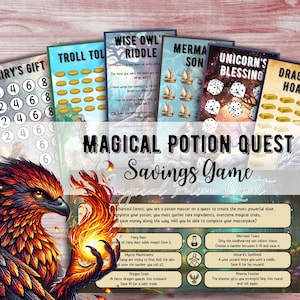 May include: A colourful game board with a magical potion theme. The board features a phoenix, a dragon, a mermaid, a unicorn, a troll, a wise owl, and a fairy. The game is called "Magical Potion Quest Savings Game".