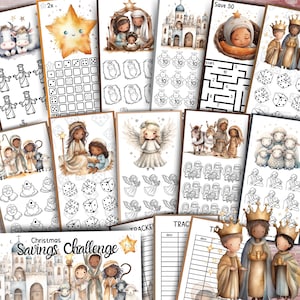 May include: A collection of watercolor-style Christmas-themed printable pages. The pages feature illustrations of the Nativity, angels, stars, and other holiday elements. Some pages include dice, mazes, and savings trackers. The words "Christmas Savings Challenge" are visible.