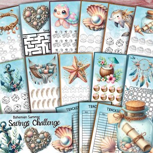 Könnte beinhalten: Eine Sammlung von druckbaren Seiten der Bohemian Summer Savings Challenge. Die Seiten zeigen Aquarellillustrationen von Muscheln, Seesternen, einer Schildkröte, einem Delfin, einer Hängematte und einem Kokosnussgetränk. Der Text "Bohemian Summer Savings Challenge" ist sichtbar.