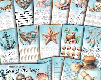 Bohemian Savings Challenge A6 Printable Budget Binder Insert Low Income Cash Envelope Tracker Beach Themed Summer Savings Budget Tool
