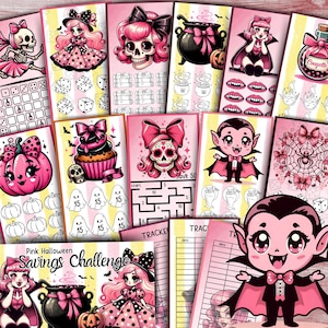 Pink Halloween Savings Challenge Cute Kawaii Budget Tracker Girly Printable Cash Envelope Fall Money Challenge for Low Income A6 Binder PDF