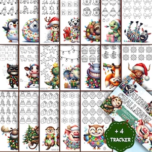 Op de afbeelding: Een zwart-witte printbare kerst spaaruitdaging tracker met een feestelijk thema. De tracker bevat een verscheidenheid aan dieren, waaronder een pinguïn, een koe, een luiaard, een schildpad, een zebra, een kat, een draak, een nijlpaard, een vos, een sneeuwpop, een uil, een otter, een varken en een eland. De tracker bevat een verscheidenheid aan uitdagingen, zoals het sparen van € 15, € 10 en € 5. De tracker bevat ook een sectie om de voortgang bij te houden. De tekst op de tracker luidt "Spaaruitdaging", "Kerstverlichting", "20+4 Tracker", "Spaar € 15" en "Spaar € 20".