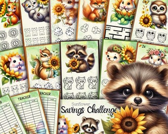 Cute Animal Savings Challenges Summer Vibe Budget Binder Challenge Cute Sunflower Budget Sheet digital Challenge Printable PDF Low Budget
