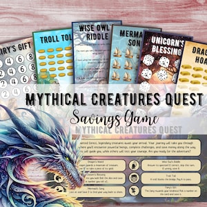 May include: A colorful game board with illustrations of mythical creatures, including a dragon, unicorn, troll, mermaid, and wise owl. The game is called "Mythical Creatures Quest Savings Game".