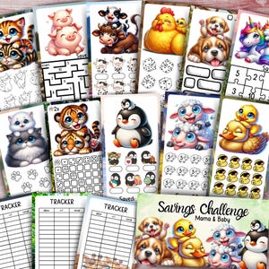 May include: A set of printable activity sheets featuring cute animal illustrations. The sheets include mazes, counting activities, and a savings tracker. The title of the set is "Savings Challenge Mama & Baby".