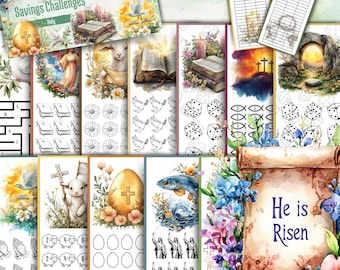 May include: A set of printable Easter-themed savings challenges for kids. The challenges include a maze, a coloring page, a word search, and a counting activity. The set also includes a tracker sheet for recording progress. The text "He is Risen" is featured on the page.