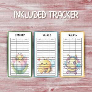 May include: Three colorful tracker cards with bee illustrations. Each card has a different border color: green, blue, and yellow. The cards are labeled "TRACKER" at the top and include sections for date, +/- and total. The text "INKLUDED TRACKER" is at the top.
