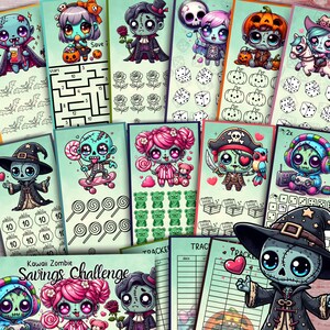 May include: A selection of colourful Kawaii Zombie Savings Challenge pages. The pages feature cute zombie characters in various costumes, including a witch, pirate, and vampire. Some pages have mazes, dice, and other Halloween-themed graphics. The text "Kawaii Zombie Savings Challenge" is visible.