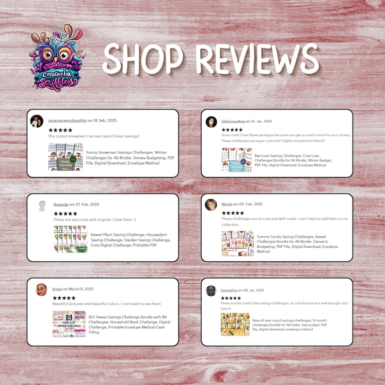 May include: A shop reviews graphic with customer testimonials. The reviews are displayed in white rectangular boxes against a light brown wooden background. The reviews include star ratings, customer names, and comments about the products.