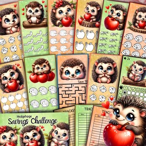 Op de afbeelding: Een verzameling kleurrijke briefpapierartikelen met een egelthema. De ontwerpen bevatten schattige cartoon egels met appels, dobbelstenen en doolhoven. De tekst "Hedgehog Savings Challenge" is zichtbaar. Het thema is speels en grillig.
