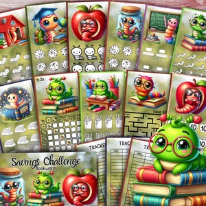 Könnte beinhalten: Eine Sammlung farbenfroher, illustrierter Lesezeichen und Spar-Tracker mit Cartoon-Büchern, Äpfeln und Schulmaterialien. Der Text "Savings Challenge Bookworm" ist sichtbar. Die Lesezeichen enthalten Würfel, Labyrinthe und andere Bildungselemente.