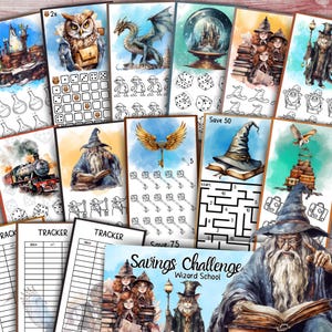 Peut inclure: Ensemble de cartes et de trackers sur le thème de la fantaisie. Les cartes présentent des illustrations de sorciers, de dragons, de hiboux et d'une boule à neige. Le texte "Savings Challenge Wizard School" est visible. Cartes de suivi d'épargne.