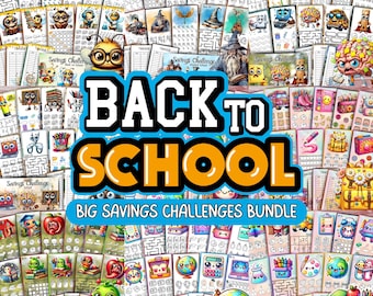 May include: A vibrant collection of "Back to School" savings challenges. The image showcases illustrated cards with charming characters, mazes, and school-themed designs. Text includes "Back to School" and "Big Savings Challenges Bundle."