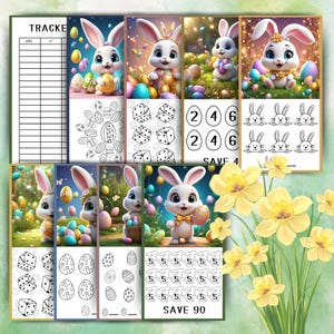 May include: A collection of Easter-themed printable pages featuring adorable white bunnies, colorful eggs, and daffodils. The pages include a tracker, dice, egg designs, and a "SAVE 90" section. The overall theme is spring and Easter.
