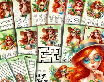 Redhead Girl Savings Challenge Printable Budget Binder Tracker Cute Summer Budget Game A6 Cash Envelope Instant PDF Download Summer Vibe