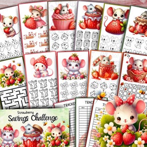 Puede incluir: Una colección de tarjetas ilustradas con ratones de dibujos animados y fresas. Las tarjetas muestran ratones con fresas, dados y un desafío de ahorro. El texto "Strawberry Savings Challenge" es visible.