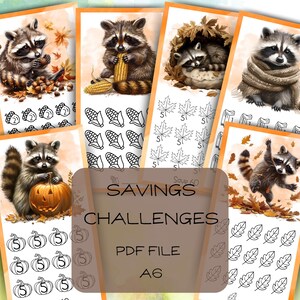 Op de afbeelding: Een set met printbare A6-formaat spaaruitdagingkaarten met schattige wasberen in herfstachtige omgevingen. De kaarten bevatten verschillende activiteiten zoals het tellen van eikels, maïskoppen en bladeren. De tekst "Savings Challenges" en "PDF File" is op de kaarten opgenomen.