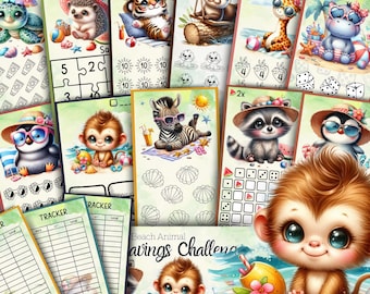 A6 Beach Savings Challenge Animal Printable Cash Envelope Budget Game Cute Tracker Low Income Friendly Instant Download PDF Summer Budgeting