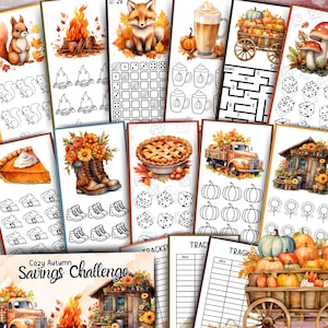 May include: A collection of autumn-themed printable pages featuring illustrations of pumpkins, pies, foxes, and other fall elements. The pages include mazes, dice games, and a savings challenge. The phrase "Cozy Autumn Savings Challenge" is visible.