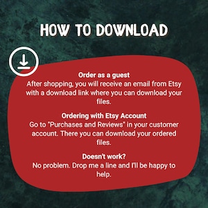 May include: Red graphic with white text explaining how to download digital files purchased from Etsy. The text includes instructions for downloading files after ordering as a guest or with an Etsy account. It also includes a note about contacting the seller if there are any issues with downloading the files.