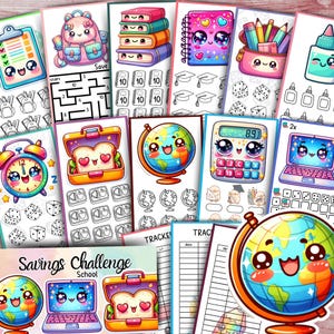 May include: A collection of colorful, illustrated school-themed printables. The images include a backpack, books, a notebook, a pencil case, a calculator, a laptop, a globe, a lunchbox, and a savings challenge. The illustrations have cute, cartoon-like faces.