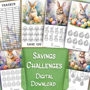 May include: A printable set of Easter-themed savings challenges. The set includes a tracker, a bunny-themed savings chart, and a chick-themed savings chart. The charts feature black and white illustrations of bunnies, chicks, and eggs.