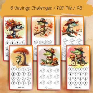 Può includere: Sei carte di sfida di risparmio stampabili con un alligatore di cartoni animati che indossa un cappello e tiene una zucca. Le carte includono diverse attività per aiutare i bambini a imparare a risparmiare denaro. Il testo sulle carte dice "Save 80".