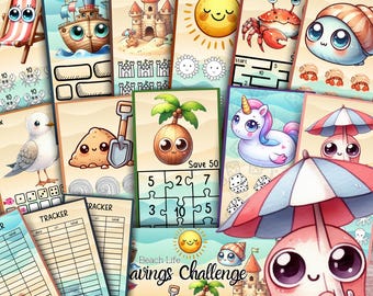 May include: A set of colorful printable cards featuring cute cartoon characters and activities for a beach-themed savings challenge. The cards include a tracker, a maze, a puzzle, and a dice game. The text on the cards reads "Beach Life Savings Challenge".
