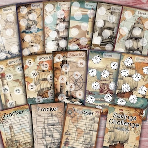 May include: A printable set of savings challenge cards with a nautical theme. The cards feature images of ships, lighthouses, and dice. The text on the cards includes "Save 15", "Save 60", "Save 50", "Tracker", and "Savings Challenge Sailing".