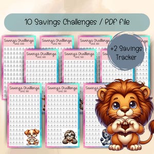 Niedliche Tier Geldspar-Challenge, 10-Umschlag-Challenge, Herzform Spar-Tracker Printables, Spar-Tracker Bundle, PDF, Budgetierung
