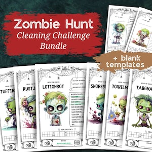 Juego de limpieza zombi (tamaño A4 imprimible) para adultos y niños con TDAH y neurodivergentes. Tabla de tareas divertidas con seguimiento de tareas. Descarga instantánea en PDF.