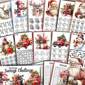 Puede incluir: Una colección de páginas imprimibles con temática navideña con ilustraciones en acuarela. Los diseños incluyen a Papá Noel, muñecos de nieve, renos, camiones rojos, dados y un desafío de ahorro navideño. La paleta de colores está dominada por el rojo, el verde y el blanco.