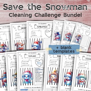 Może przedstawiać: Zestaw drukowanych szablonów wyzwań związanych ze sprzątaniem ze śnieżkami w klatkach. Tekst "Save the Snowman Cleaning Challenge Bundel" znajduje się na górze. Każdy szablon zawiera obszary do śledzenia lokalizacji, trudności i nagrody.