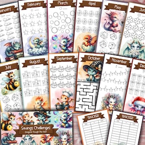 12ヶ月間のドラゴン貯蓄チャレンジ、月間予算バインダーチャレンジバンドル、低所得者向けデジタル貯蓄チャレンジ、印刷可能なPDF積立基金