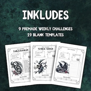 May include: Three printable black and white monster-themed checklists for a chore chart. The checklists are titled "Tablecrawler", "Toybox Terror", and "Defeat the Monster". Each checklist has a monster illustration, a section for location, difficulty, reward, and health points.