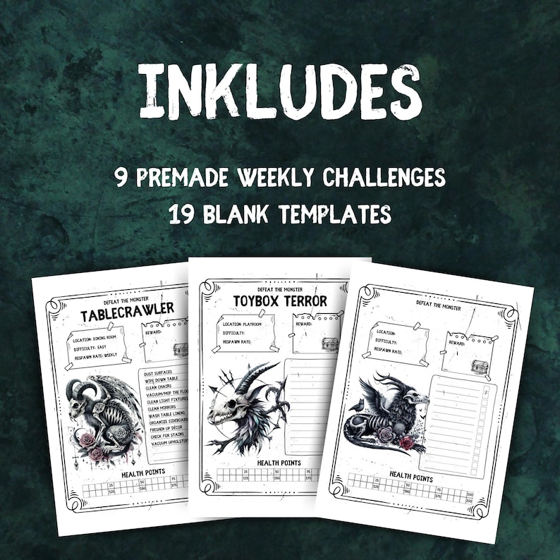 May include: Three printable black and white monster-themed checklists for a chore chart. The checklists are titled "Tablecrawler", "Toybox Terror", and "Defeat the Monster". Each checklist has a monster illustration, a section for location, difficulty, reward, and health points.