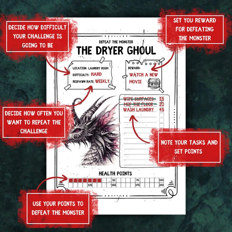May include: A printable chore chart featuring a black and pink dragon illustration. The chart is titled "The Dryer Ghoul" and includes a list of chores with points assigned to each. The chart also includes a health points bar and a section for setting rewards.