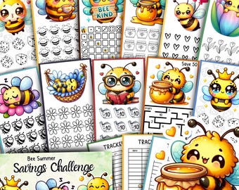 Sfida al risparmio estivo "Ape", inserto per raccoglitore di budget stampabile in formato A6, simpatico tracker digitale per riempire i contanti, sfida finanziaria a tema "Ape del miele soleggiato"