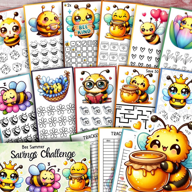 May include: A collection of colorful printable pages featuring cartoon bees. The pages include illustrations of bees with honey pots, hearts, and flowers. Some pages have text like "Bee Kind" and "Bee Summer Savings Challenge."